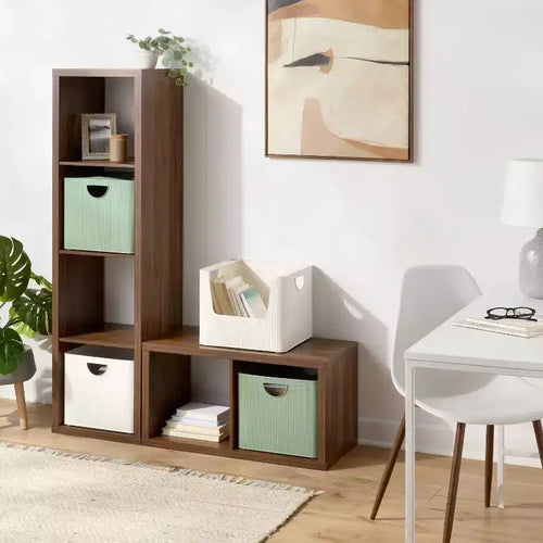 Étagère de rangement décorative en bois à 2 casiers, design ouvert, finition noyer