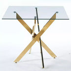 Table à manger carrée en verre trempé avec pieds métalliques dorés croisés, peu encombrante, 90x90x75cm
