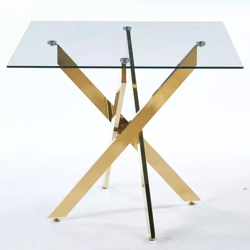 Table à manger carrée en verre trempé avec pieds métalliques dorés croisés, peu encombrante, 90x90x75cm