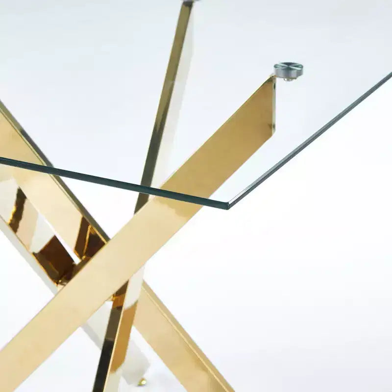Table à manger carrée en verre trempé avec pieds métalliques dorés croisés, peu encombrante, 90x90x75cm