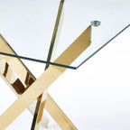Table à manger carrée en verre trempé avec pieds métalliques dorés croisés, peu encombrante, 90x90x75cm