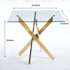 Table à manger carrée en verre trempé avec pieds métalliques dorés croisés, peu encombrante, 90x90x75cm