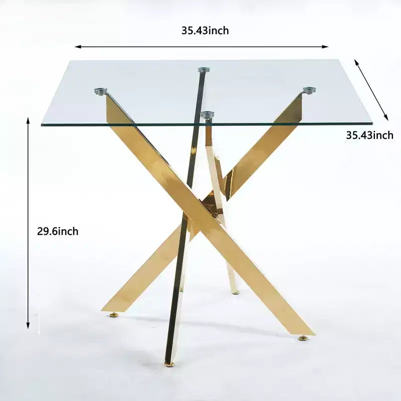 Table à manger carrée en verre trempé avec pieds métalliques dorés croisés, peu encombrante, 90x90x75cm