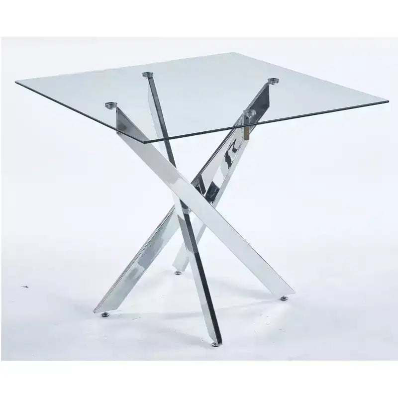 Table à manger carrée en verre trempé avec pieds métalliques dorés croisés, peu encombrante, 90x90x75cm