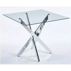 Table à manger carrée en verre trempé avec pieds métalliques dorés croisés, peu encombrante, 90x90x75cm