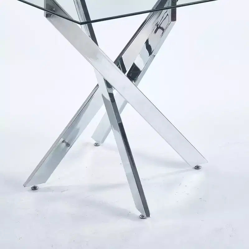 Table à manger carrée en verre trempé avec pieds métalliques dorés croisés, peu encombrante, 90x90x75cm