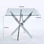 Table à manger carrée en verre trempé avec pieds métalliques dorés croisés, peu encombrante, 90x90x75cm