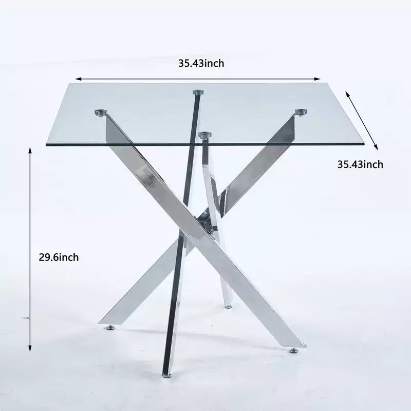 Table à manger carrée en verre trempé avec pieds métalliques dorés croisés, peu encombrante, 90x90x75cm
