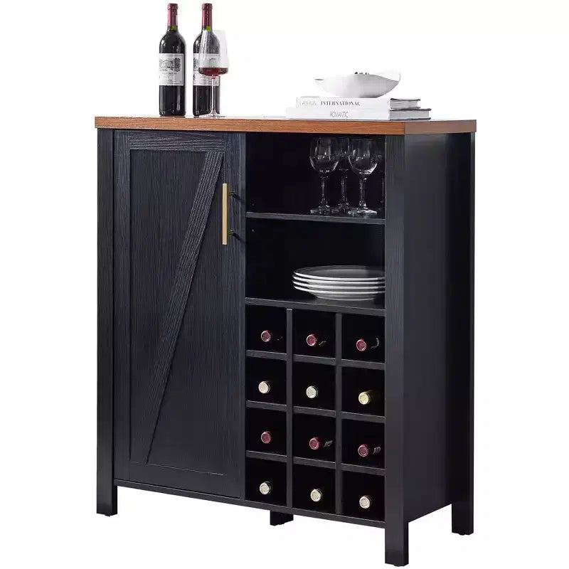 Buffet de ferme avec casier à vin 12 bouteilles et poignées dorées, noir et noyer
