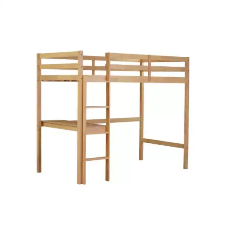 Lit superposé surélevé une place avec barrière de sécurité et bureau intégré, en bois d'hévéa massif, 169 cm de hauteur