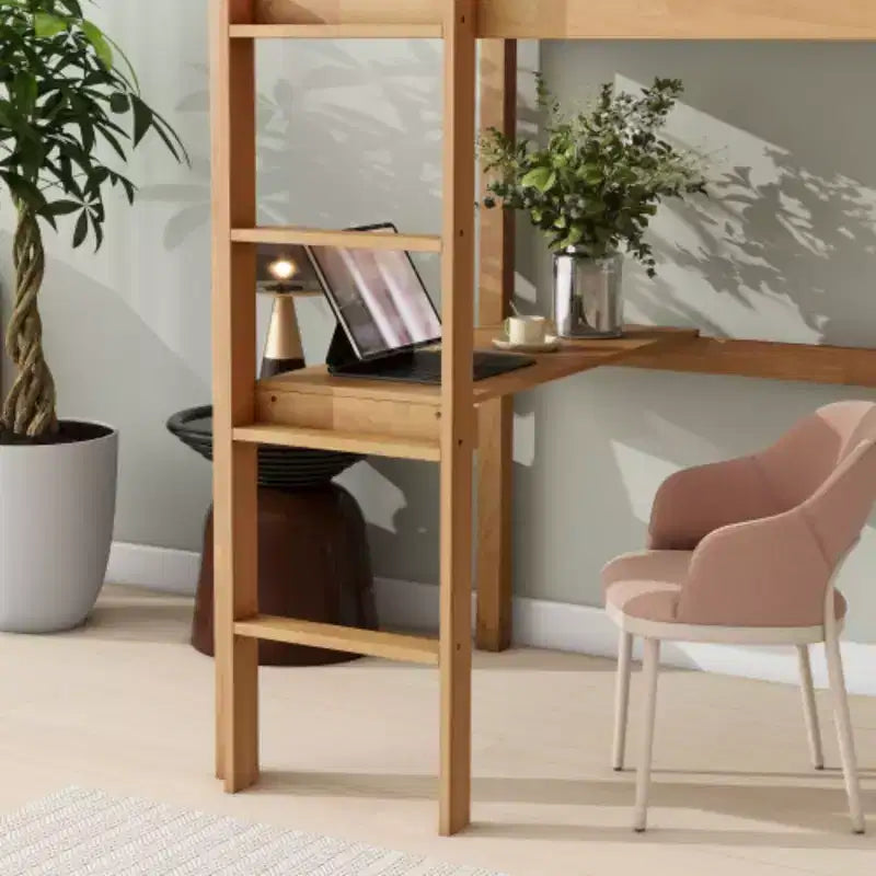 Lit superposé surélevé une place avec barrière de sécurité et bureau intégré, en bois d'hévéa massif, 169 cm de hauteur