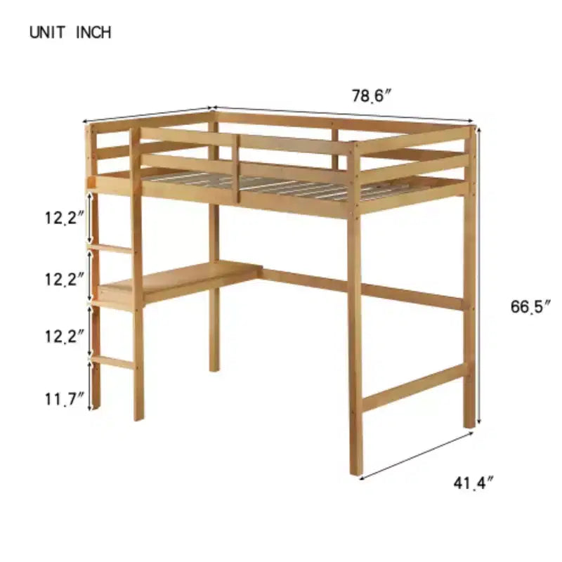 Lit superposé surélevé une place avec barrière de sécurité et bureau intégré, en bois d'hévéa massif, 169 cm de hauteur
