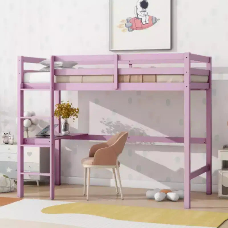 Lit superposé surélevé une place avec barrière de sécurité et bureau intégré, en bois d'hévéa massif, 169 cm de hauteur