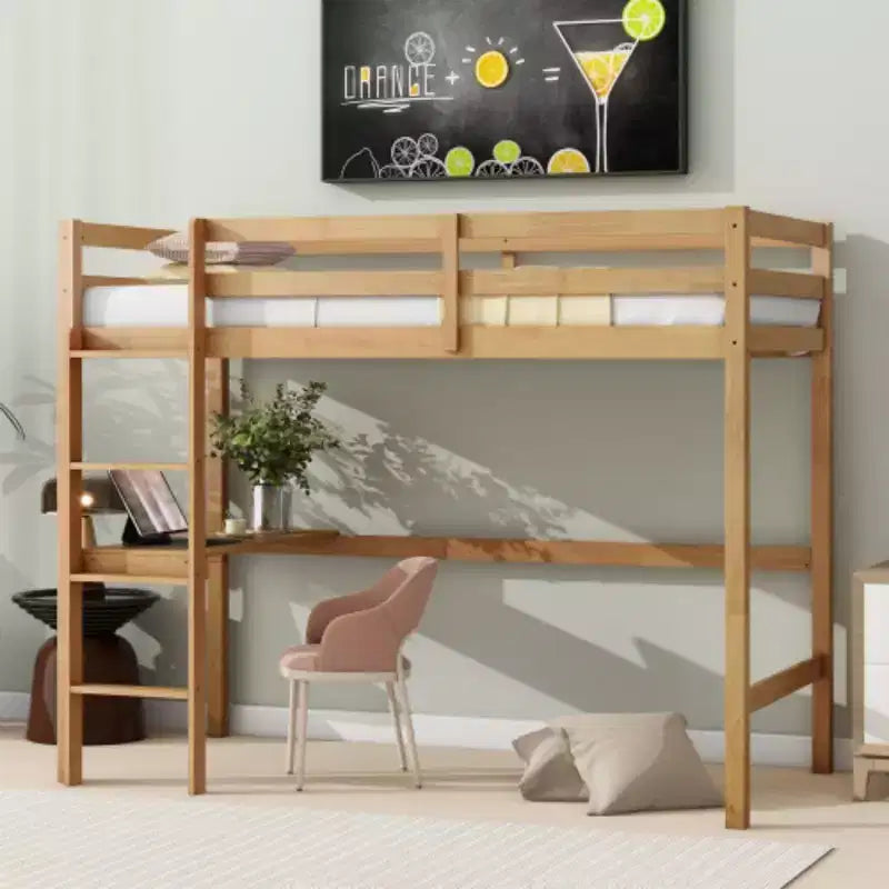 Rubberwood Twin High Loft Bed with Safety Guardrail and Integrated Desk