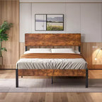 VECELO Full/Queen Size Bed Frame with Wooden Headboard, Metal Bed Platform No Box Spring Needed with Heavy Duty Steel Slat, Brown