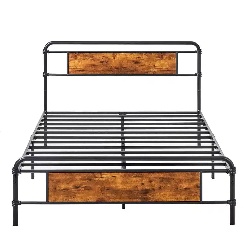 Cadre de lit plateforme en métal pleine grandeur/grand lit avec tête de lit aspect bois et lattes en acier, sans sommier, marron