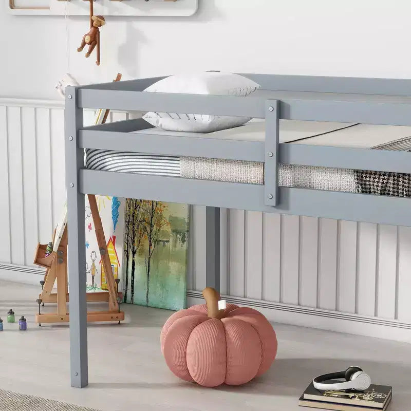 Lit mezzanine double haut avec bureau intégré et garde-corps de sécurité, en hévéa massif, gris