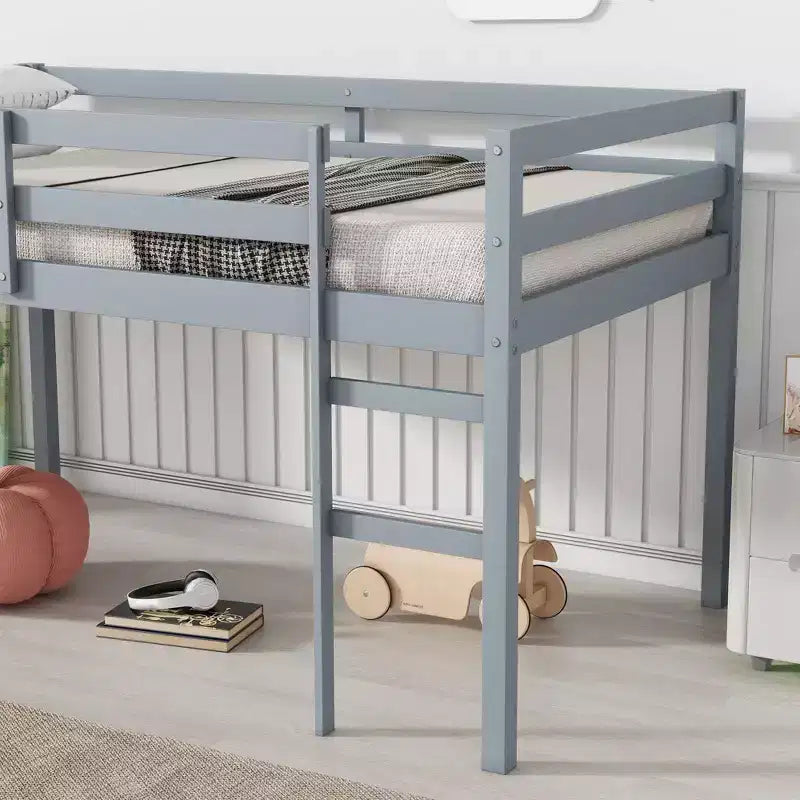 Lit mezzanine double haut avec bureau intégré et garde-corps de sécurité, en hévéa massif, gris