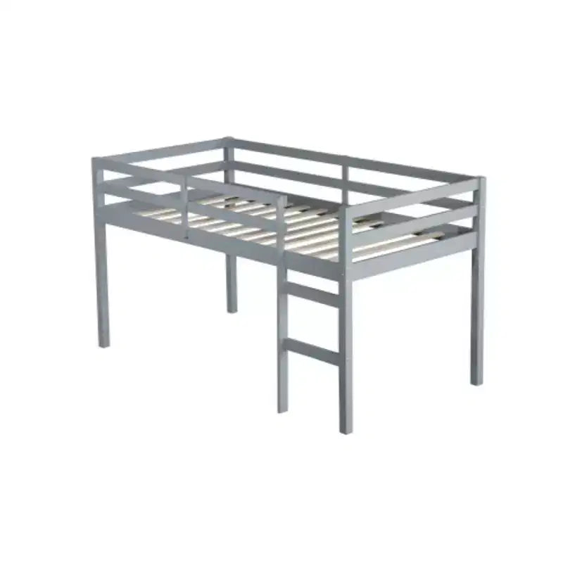 Lit mezzanine double haut avec bureau intégré et garde-corps de sécurité, en hévéa massif, gris
