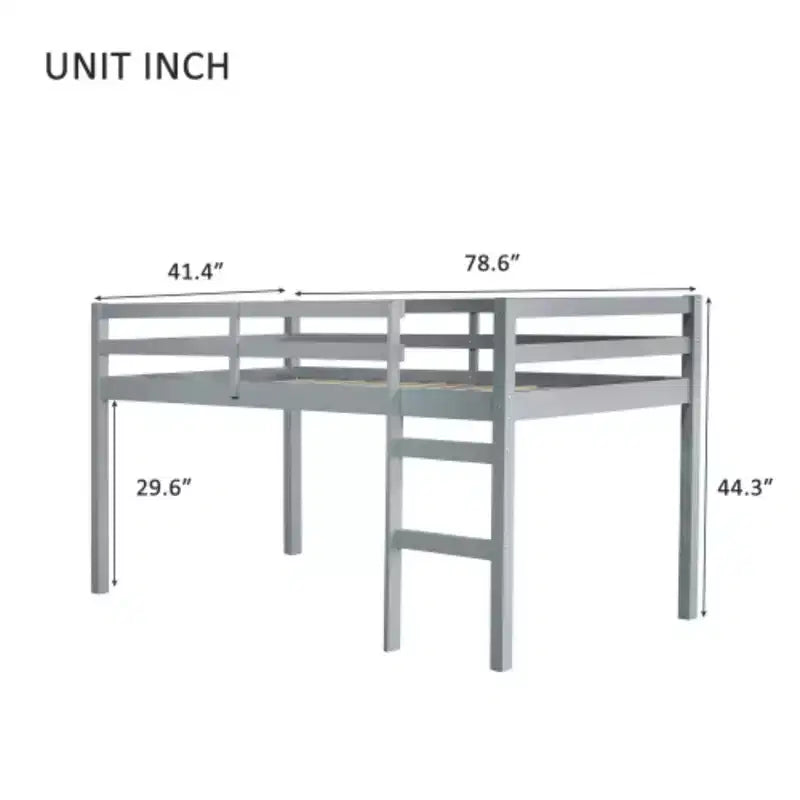 Lit mezzanine double haut avec bureau intégré et garde-corps de sécurité, en hévéa massif, gris