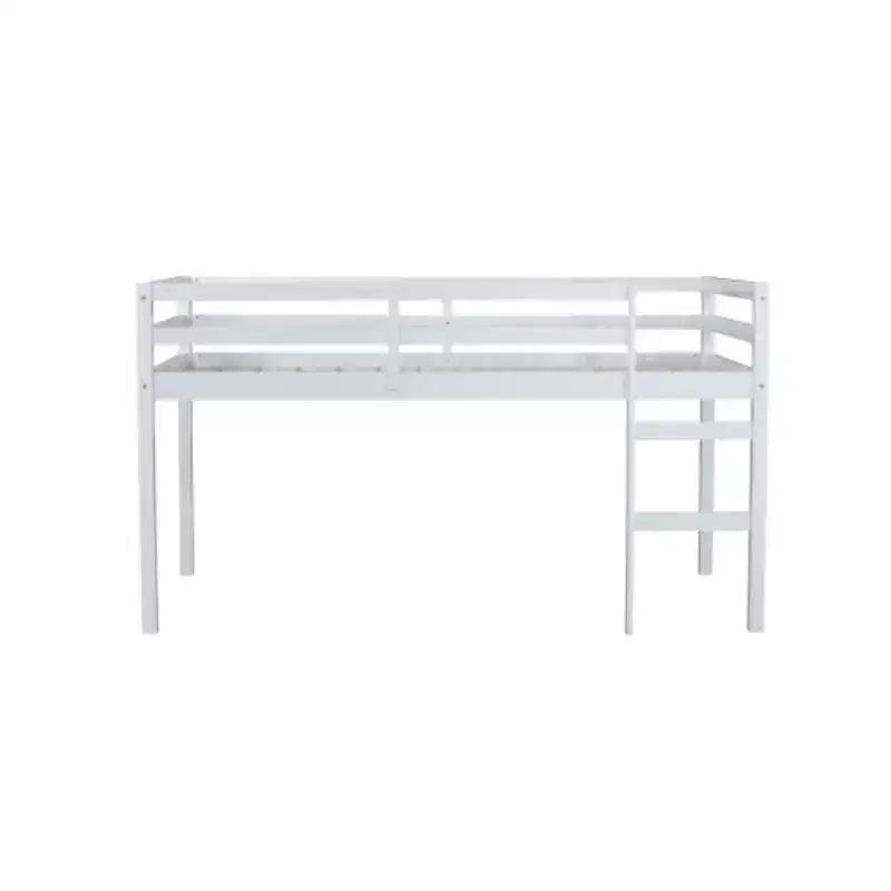 Lit mezzanine double haut avec bureau intégré et garde-corps de sécurité, en hévéa massif, gris