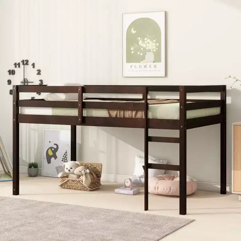 Lit mezzanine double haut avec bureau intégré et garde-corps de sécurité, en hévéa massif, gris