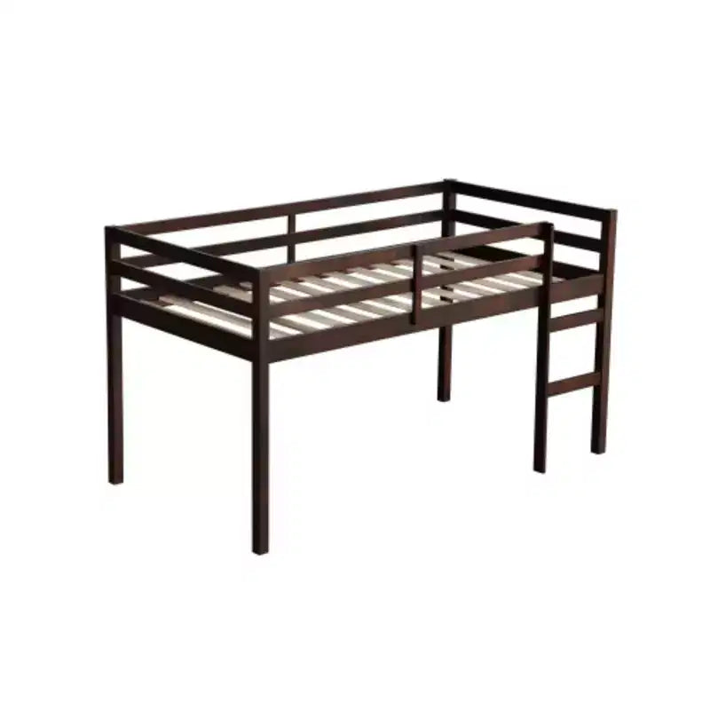 Lit mezzanine double haut avec bureau intégré et garde-corps de sécurité, en hévéa massif, gris