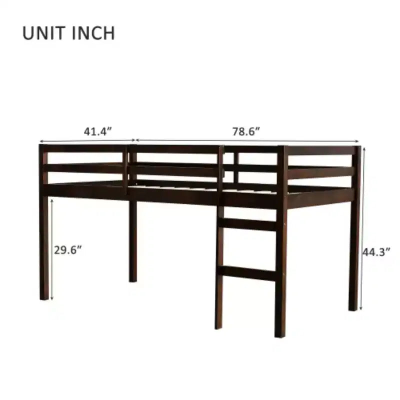 Lit mezzanine double haut avec bureau intégré et garde-corps de sécurité, en hévéa massif, gris