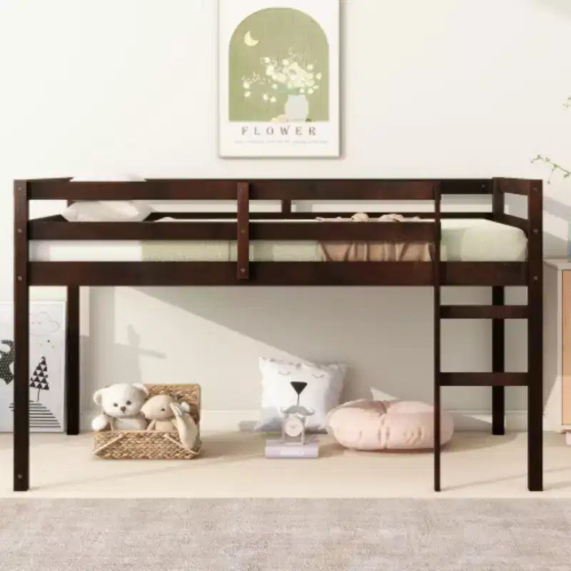 Lit mezzanine double haut avec bureau intégré et garde-corps de sécurité, en hévéa massif, gris