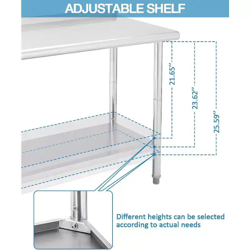 Table de préparation de travail commerciale réglable en hauteur en acier inoxydable NSF avec étagère inférieure