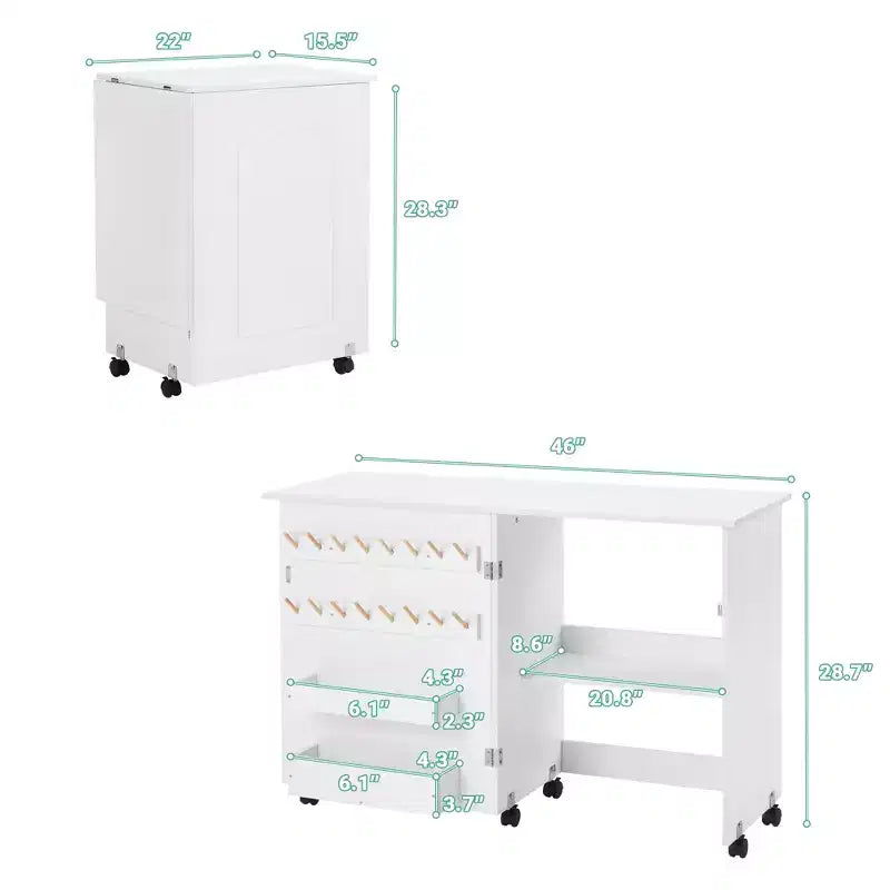 Table de couture pliante avec étagère de rangement, 16 porte-bobines, porte magnétique et roulettes pivotantes
