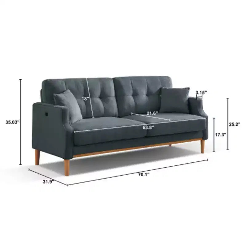 Canapé 3 places gris clair avec tissu imperméable et port de chargement USB, 178 cm de large