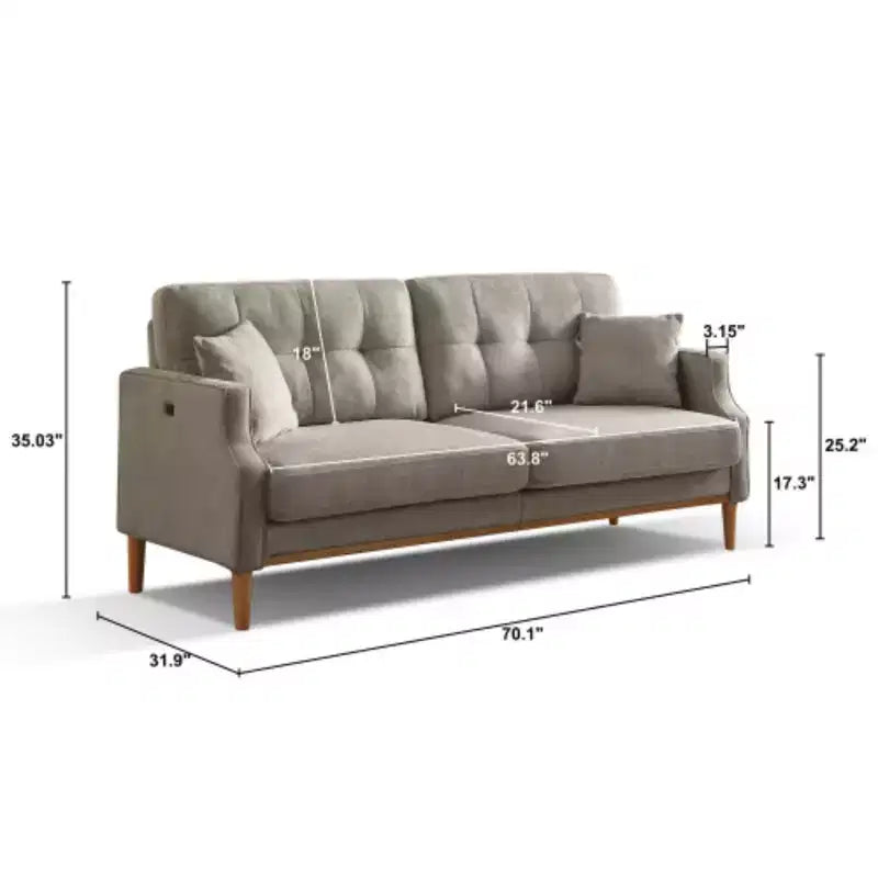 Canapé 3 places gris clair avec tissu imperméable et port de chargement USB, 178 cm de large