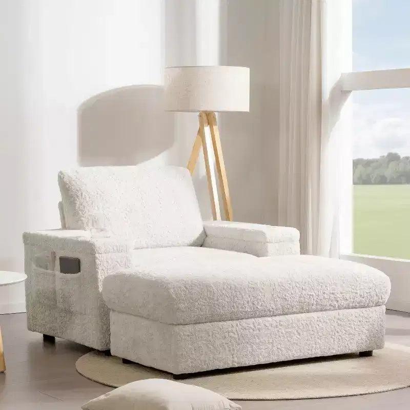 Canapé-lit méridienne en fausse fourrure de lapin surdimensionné avec rangement, accoudoirs et porte-gobelets