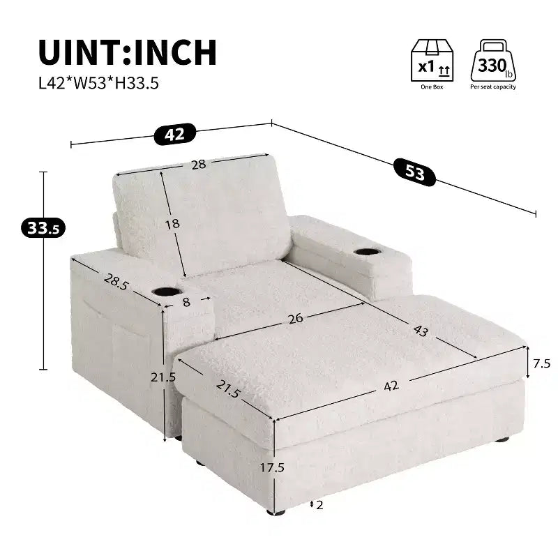 Canapé-lit méridienne en fausse fourrure de lapin surdimensionné avec rangement, accoudoirs et porte-gobelets