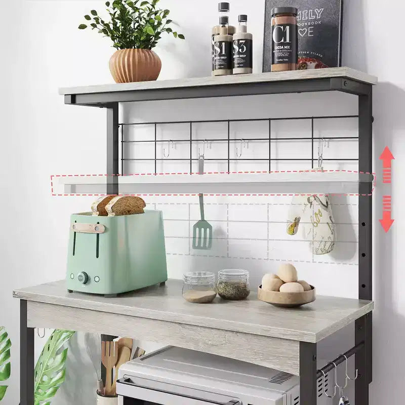 Étagère de cuisine à micro-ondes réglable en hauteur avec placard, crochets et roulettes, Rangement de cuisine