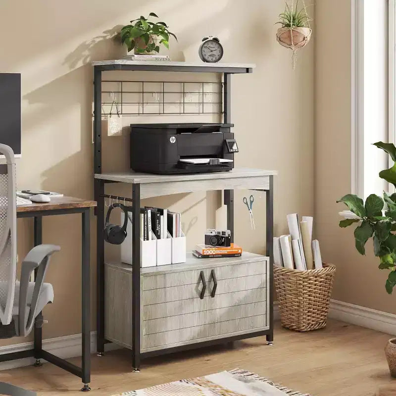 Étagère de cuisine à micro-ondes réglable en hauteur avec placard, crochets et roulettes, Rangement de cuisine