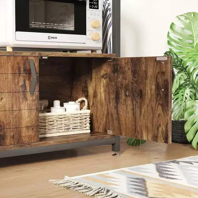 Étagère de cuisine à micro-ondes réglable en hauteur avec placard, crochets et roulettes, Rangement de cuisine