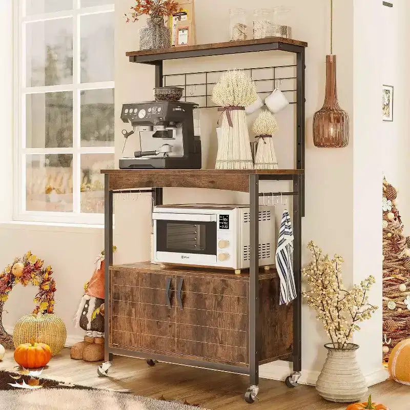 Étagère de cuisine à micro-ondes réglable en hauteur avec placard, crochets et roulettes, Rangement de cuisine