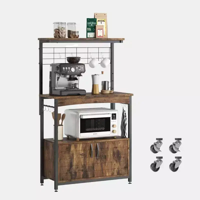 Étagère de cuisine à micro-ondes réglable en hauteur avec placard, crochets et roulettes, Rangement de cuisine