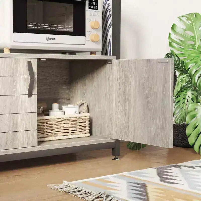 Étagère de cuisine à micro-ondes réglable en hauteur avec placard, crochets et roulettes, Rangement de cuisine