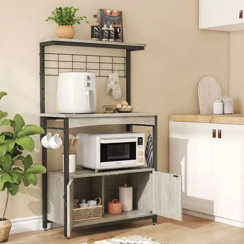 Étagère de cuisine à micro-ondes réglable en hauteur avec placard, crochets et roulettes, Rangement de cuisine