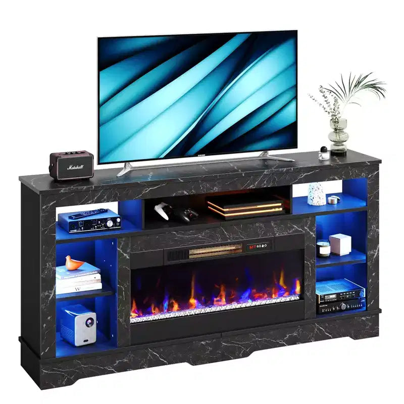Meuble TV de cheminée de 180 cm de haut avec lumières LED et rangement, centre de divertissement pour téléviseurs jusqu'à 80"