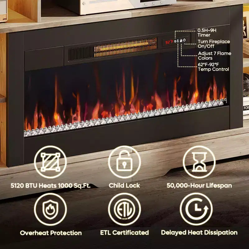 Meuble TV de cheminée de 180 cm de haut avec lumières LED et rangement, centre de divertissement pour téléviseurs jusqu'à 80"