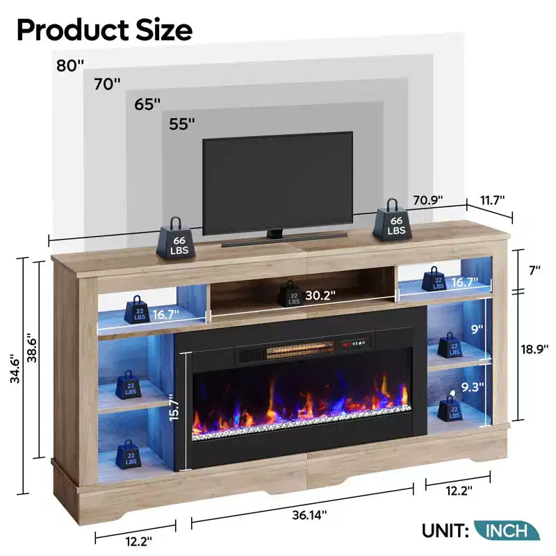 Meuble TV de cheminée de 180 cm de haut avec lumières LED et rangement, centre de divertissement pour téléviseurs jusqu'à 80"