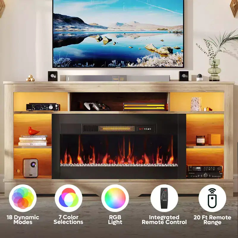 Meuble TV de cheminée de 180 cm de haut avec lumières LED et rangement, centre de divertissement pour téléviseurs jusqu'à 80"