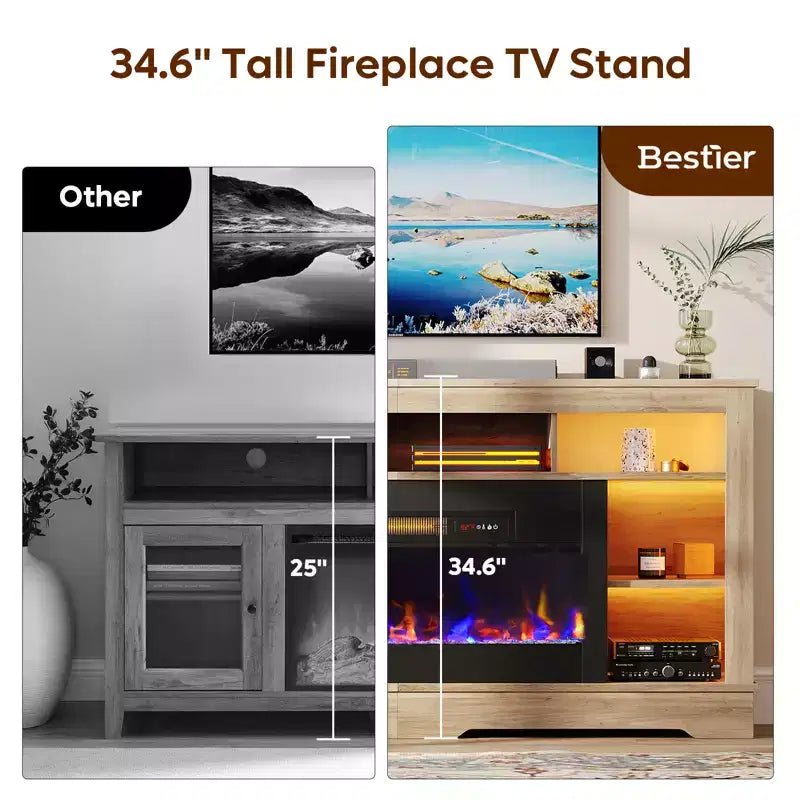 Meuble TV de cheminée de 180 cm de haut avec lumières LED et rangement, centre de divertissement pour téléviseurs jusqu'à 80"