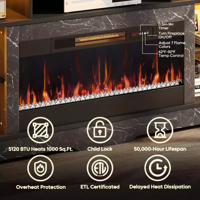Meuble TV de cheminée de 180 cm de haut avec lumières LED et rangement, centre de divertissement pour téléviseurs jusqu'à 80"