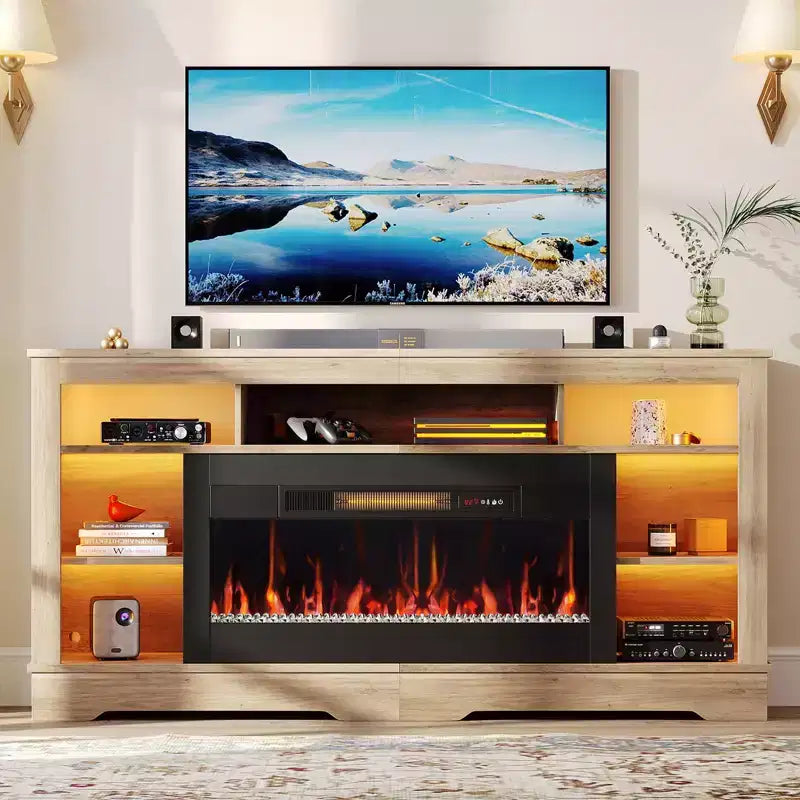 Meuble TV de cheminée de 180 cm de haut avec lumières LED et rangement, centre de divertissement pour téléviseurs jusqu'à 80"