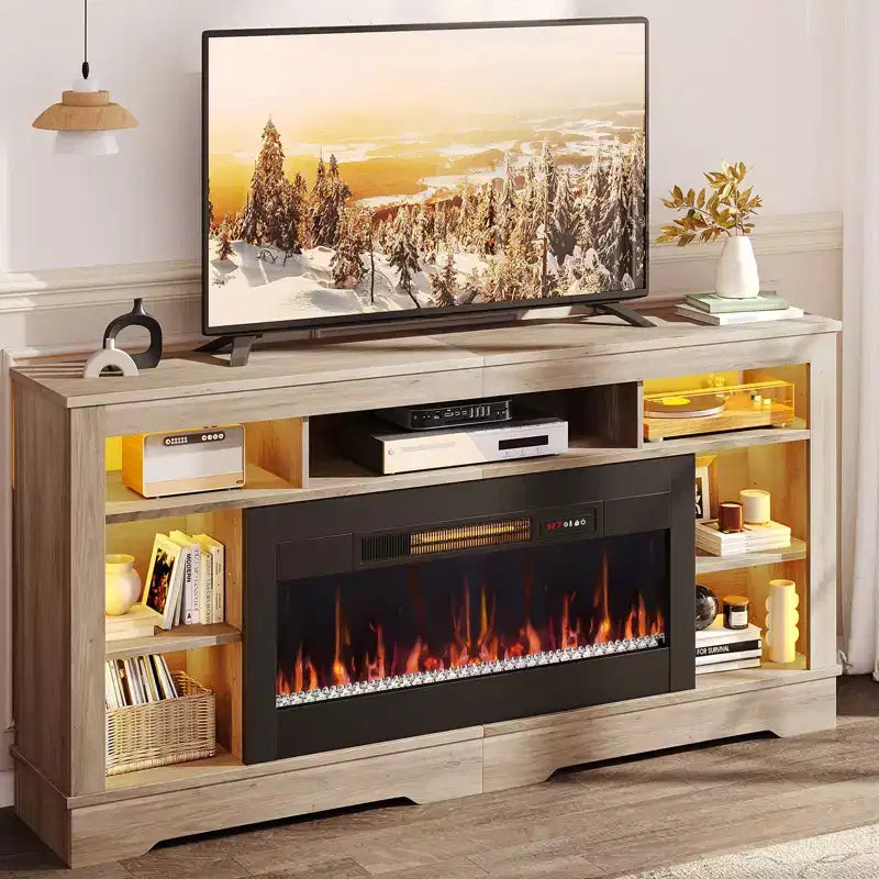 Meuble TV de cheminée de 180 cm de haut avec lumières LED et rangement, centre de divertissement pour téléviseurs jusqu'à 80"
